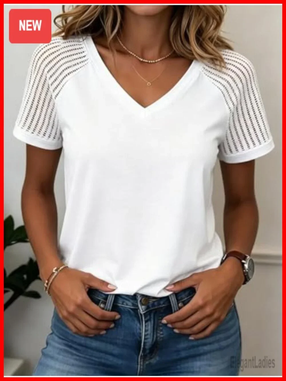 V-Neck Short Sleeve Blouse with Contrast Mesh - Business Casual Top